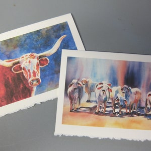 Cows, Brahman, Bulls Texas Longhorn 2 Note Cards, 5 x 7, jewel tone, Brahman art, Cow art, bull art, watercolorsNmore image 1