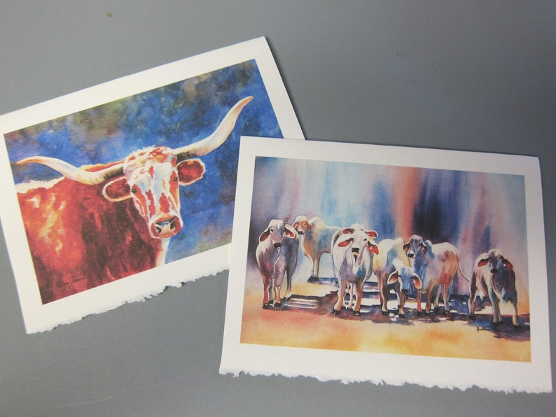 Cows, Brahman, Bulls Texas Longhorn 2 Note Cards, 5 x 7, jewel tone, Brahman art, Cow art, bull art, watercolorsNmore image 1