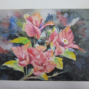 May include: Watercolor painting of pink flowers with green leaves against a dark background.