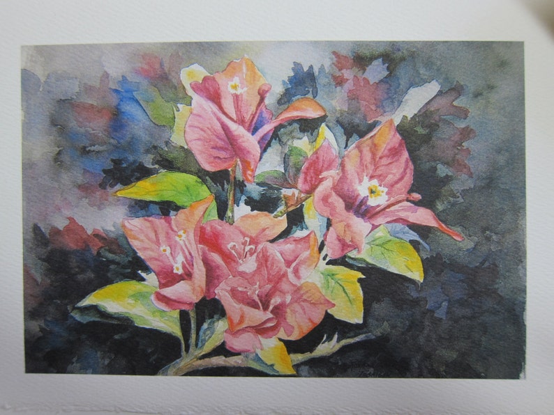 May include: Watercolor painting of pink flowers with green leaves against a dark background.