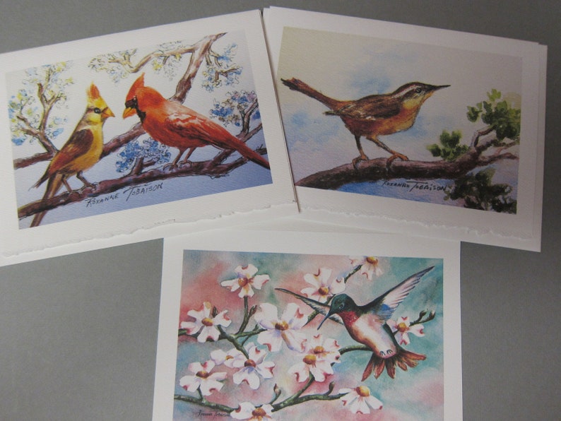 Colibríes, cardenales y Carolina Wren Variedad 3 set 5 x 7 tarjetas de notas RTobaison WatercolorsNmore, pájaros cantores imagen 1