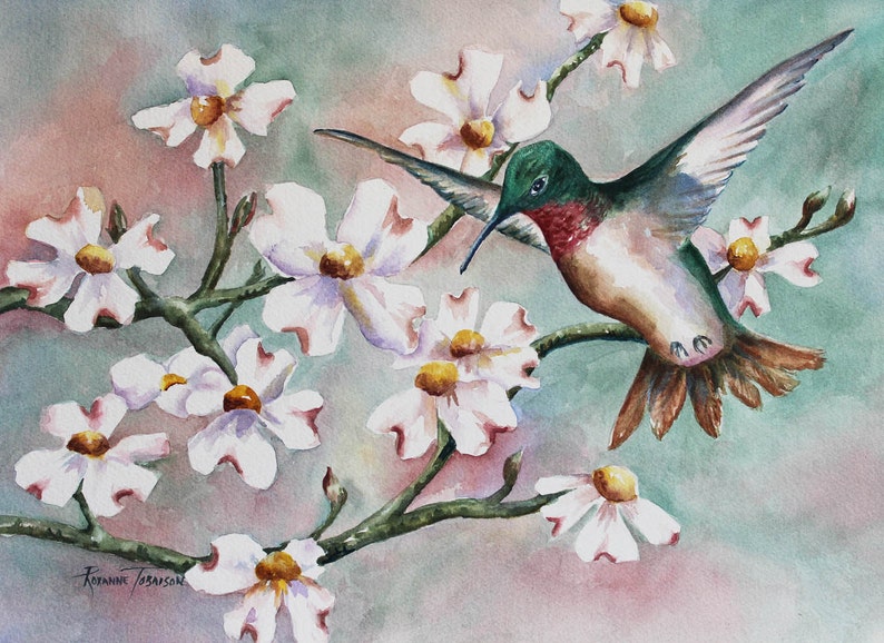 Hummingbird & Dogwoods 5 x 7 Note Card Greeting 8 x 10 watercolor print image 1