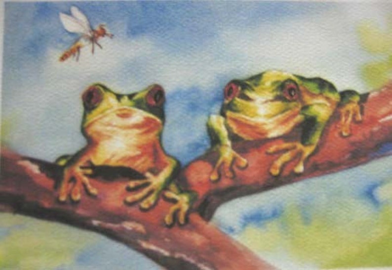 Tree Frogs, red eyed art 5 x 7 Note Cards set of 3, rain forest whimsy greeting cards, green image 2