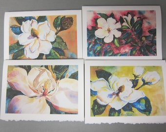 4 Magnolia Note Cards  5 x 7 blank Variety Assortment Golden blossom flower Southern Plantation watercolor print