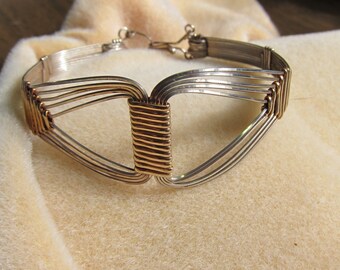 Grecian, Egyptian Bold statement .925 SS and 14K gold Filled wire wrap bracelet cuff bangle