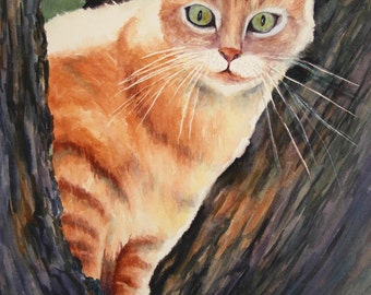 Cat, Watercolor Choose the size GiClee Print Otis Up a Tree by WatercolorsNmore