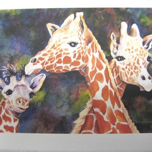 Giraffe Family 5 x 7 Note card 8x11 or 11x15 print of a watercolor painting by RTobaison image 1