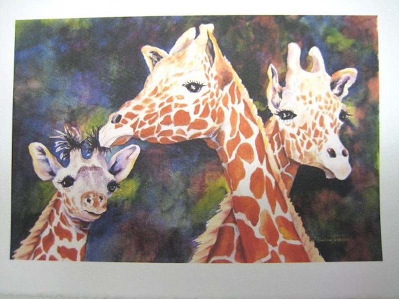 Giraffe Family 5 x 7 Note card 8x11 or 11x15 print of a watercolor painting by RTobaison image 1