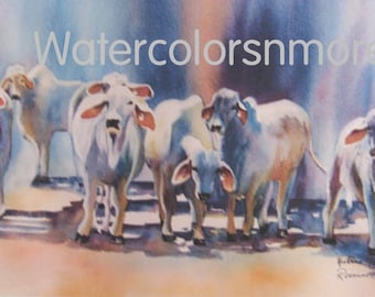 Cows, Brahman, Bulls, cattle, Watercolor, Print, 8.5 x 12.5, Home Decor, mat 12x16 Roxanne Tobaison #WatercolorsNmore