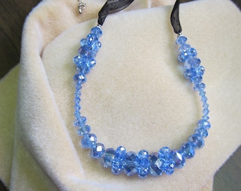 Swarovski Crystal Necklace - Aquamarine Birthstone Crystals varies beads with ribbon closures