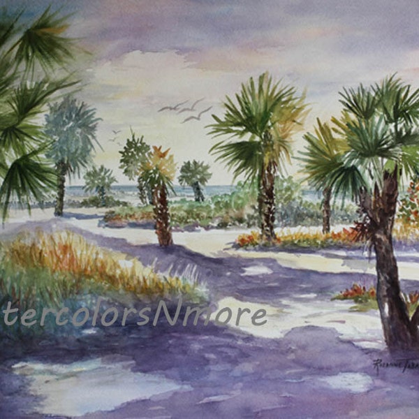 Florida Beach Path Scene, Shadow Dancers 11 x 15 watercolor print by WatercolorsNmore