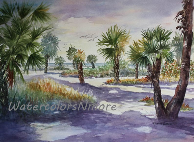 Florida Beach Path Scene, Shadow Dancers 11 x 15 watercolor print by WatercolorsNmore image 1