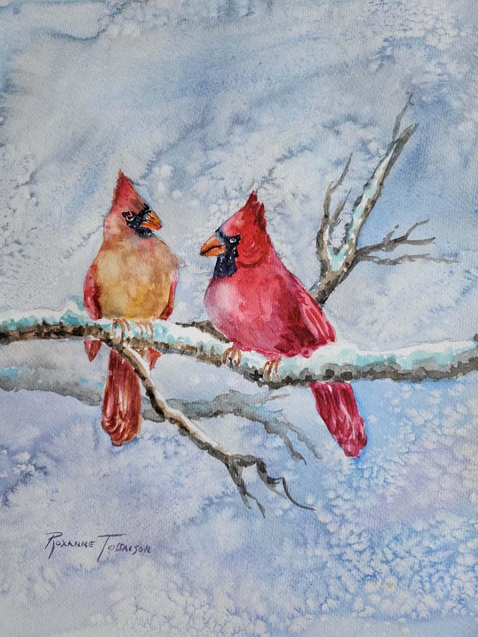 Cardinals in the Snow winter artwork by Colleen Cornelius