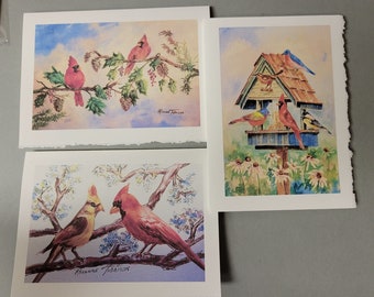 Cardinal Variety 5x7 note Art card watercolor print Birdhouse Songbirds @RTobaison #watercolorsnmore