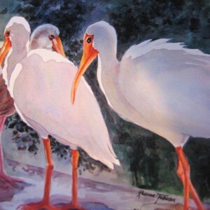 May include: A watercolor painting of four white ibis birds standing on a wooden surface. The birds have long, thin legs and beaks. The background is a dark green.