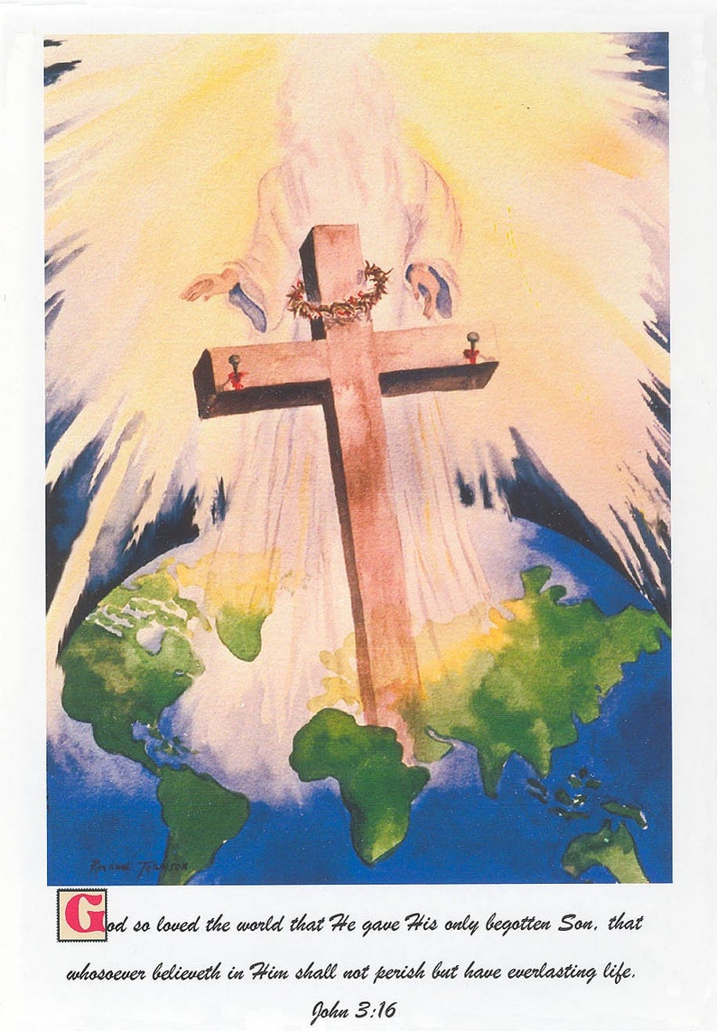 Christian Art 8 x 10 watercolor print or 5 x 7 note Art cards, RTobaison God So Love the World, God, Jesus Christ, John 3:16, World image 2