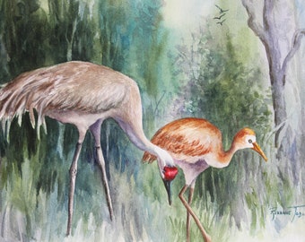 Sandhill Cranes Watercolor Print, Florida Bird Art, Nature Home Decor (11x15 or 11x14)