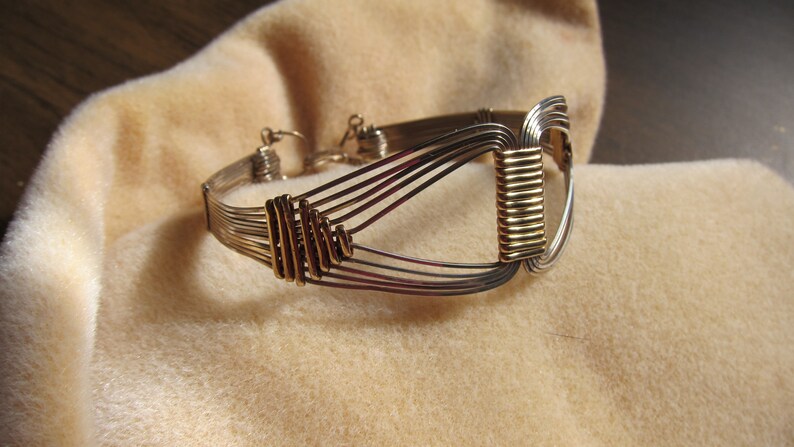 Grecian, Egyptian Bold statement .925 SS and 14K gold Filled wire wrap bracelet cuff bangle image 4