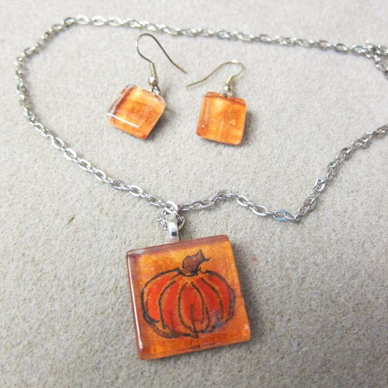 Fun Pumpkin glass tile Pendant & earring set original image 0