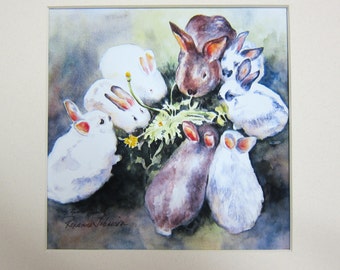 Bunnies Dandelions 6 x 6 inch watercolor print - matted 10 x 10 by Roxanne Tobaison WatercolorsNmore