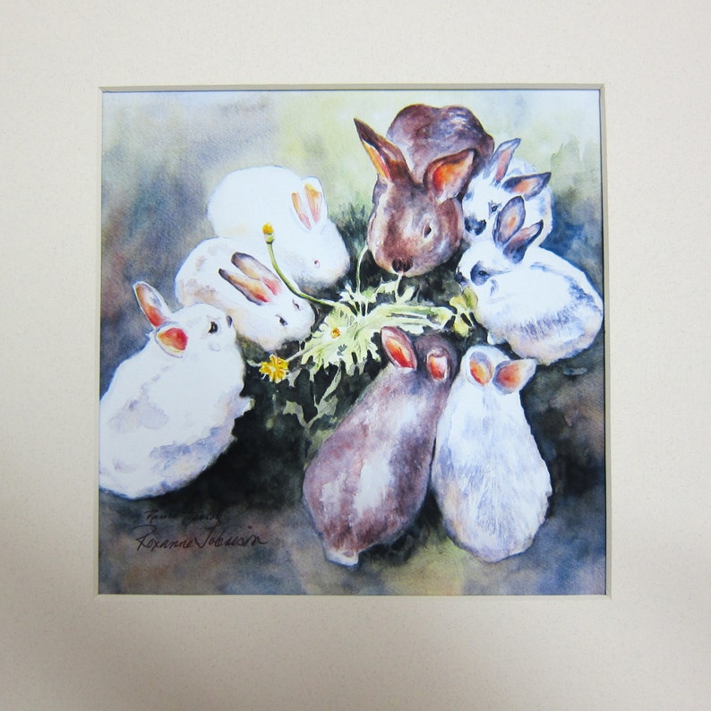 Dandelions Delight Bunnies 6 x 6 inch watercolor print  image 0