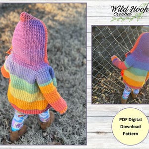 May include: A rainbow crochet hooded cardigan for a child. The cardigan has a purple hood and is striped with orange, yellow, green, blue, and purple. The text "PDF Digital Download Pattern" is visible in the image.
