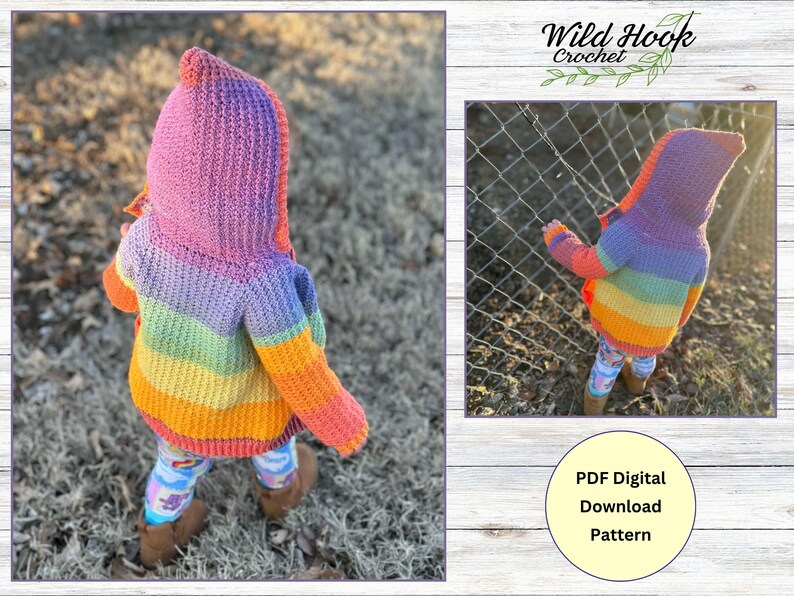 May include: A rainbow crochet hooded cardigan for a child. The cardigan has a purple hood and is striped with orange, yellow, green, blue, and purple. The text "PDF Digital Download Pattern" is visible in the image.