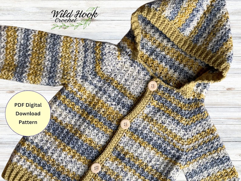 May include: A striped hooded cardigan crochet pattern in yellow and gray. The pattern is available as a digital download. The text "Wild Hook Crochet" is visible in the top left corner of the image.