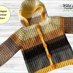 May include: A striped hooded cardigan with a yellow, brown, and gray color scheme. The cardigan has a button closure and is crocheted. The text "PDF Digital Download Pattern" is visible in the top left corner of the image. The text "Wild Hook Crochet" is visible in the top right corner of the image.