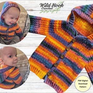 May include: A colorful striped crochet hooded cardigan with button closures. The cardigan is made with a variety of colors, including orange, purple, blue, and green. The cardigan is shown on a baby.
