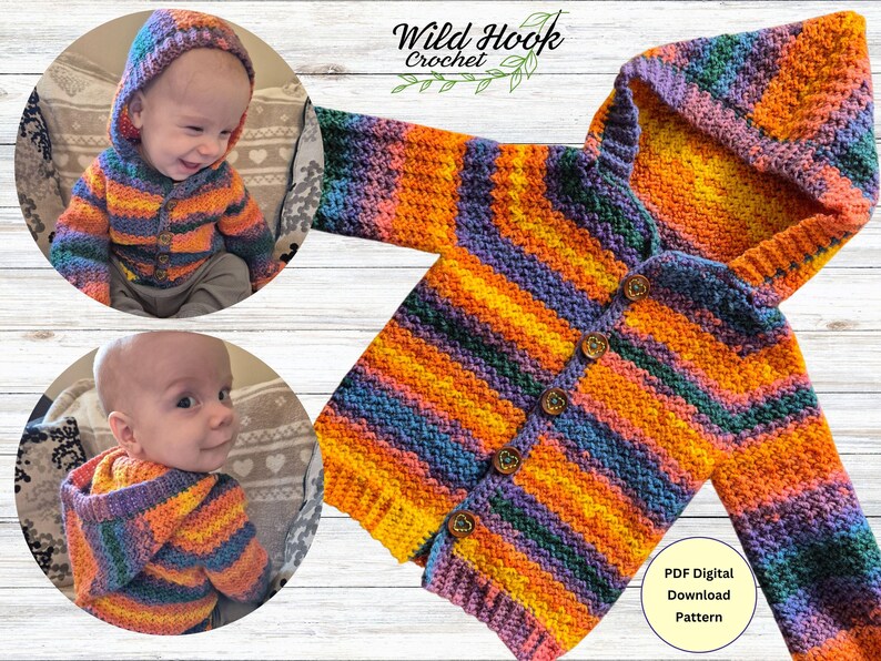 May include: A colorful striped crochet hooded cardigan with button closures. The cardigan is made with a variety of colors, including orange, purple, blue, and green. The cardigan is shown on a baby.