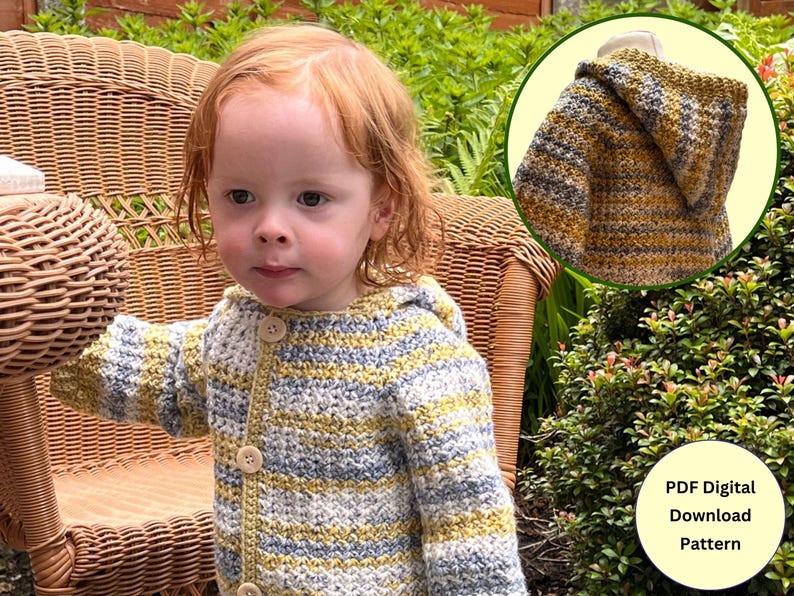 May include: A child wearing a striped crocheted hooded cardigan with buttons. The cardigan is in shades of yellow, blue, and white. The text "PDF Digital Download Pattern" is visible in the image.
