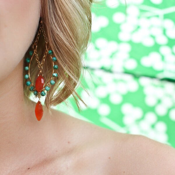 Valencia Earrings- Semi Precious Turquoise & Fiery Orange Carnelian Marquise. Wire Wrapped 14K Gold Fill