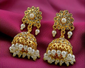 Gemstone-style Pearl Jhumki Earrings