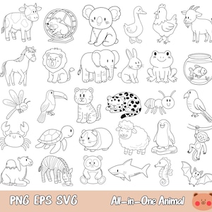 Animal Clipart Bundle, 54 Cute Line Art Illustrations, Zoo Jungle Farm Sea Animals, PNG SVG EPS, Coloring Pages, Printable, Commercial Use