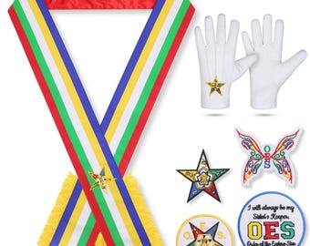 Order of Eastern Star Sash Set: Red Satin, Embroidered Gloves & Iron-On Patches