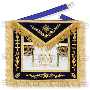 Masonic Premium Lambskin Master Mason Blue Lodge Apron - Navy Blue with Pillars And Wreath (Handcrafted)