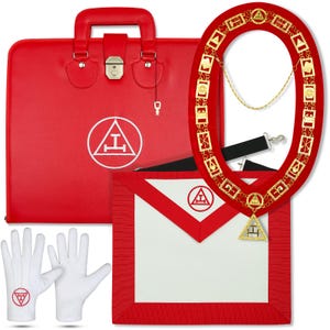 May include: A red leather briefcase with a white emblem, a red and gold collar, a white apron with red trim, white gloves with a red emblem, and a key. The items are likely related to a fraternal organization.