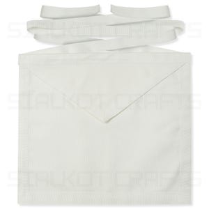 May include: A white apron with a square bottom and a triangular flap at the top. The apron has a white ribbon that wraps around the waist and ties at the back. The apron is made of a smooth, likely cotton, fabric.