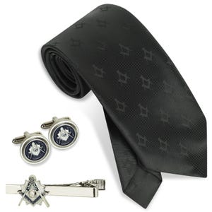 Masonic Freemason Square & Compass Handcrafted Woven Tie, Cufflinks and Tie Bar Clip – Premium silver and Black Accessories for Brothers