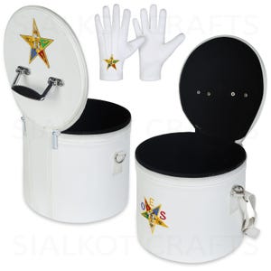 Masonic Premium Leather OES Fez Case With Free Cotton Gloves - Order of Eastern Star White Fez Cap Case With Strap For Hanging on Shoulder