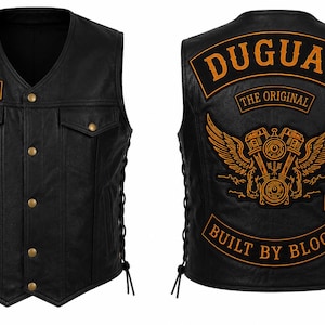 May include: Black leather vest with a V-neck and gold-colored buttons. The front features a small patch that says "DUGUAY". The back has a large patch with the word "DUGUAY", a motorcycle engine design, and the text "BUILT BY BLOOD".