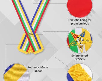 Freimaurer Orden Der Oststern Premium Schärpe mit rotem Satinfutter und kostenlosen OES-Stern bestickten Baumwollhandschuhen mit 4 Aufnähern zum Aufbügeln