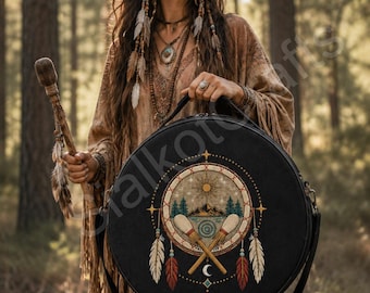 May include: A round black bag featuring a central circular embroidery of a sun, mountains, pine trees, and two crossed drum beaters. The design includes hanging feathers, stars, and a crescent moon. The bag has a top handle and a shoulder strap.