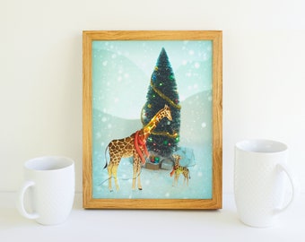 Mom and Baby Giraffe and Christmas Tree in Winter