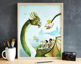 Library Dragon with Children Being Read To