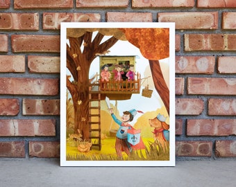 Kids Playing in Treehouse Fall Scene