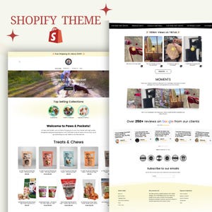 May include: A screenshot of a website for a pet treat company called Paws & Pockets. The website features a variety of dog treats, including chews and treats in different flavors. The website also includes a section on top selling collections and a section on moments, which features videos of dogs enjoying the treats. The website also includes a section on reviews from customers.