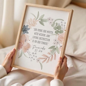 Arte de parede com versículos bíblicos de Provérbios 31:26, Escrituras digitais para impressão, pôster com escrituras para parede, presente cristão para ela, decoração perfeita para casa