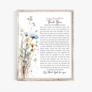 Carta de agradecimiento floral para padres, arte de pared imprimible, regalo de los niños, regalo imprimible de agradecimiento para padres, mensaje inspirador, decoración del hogar